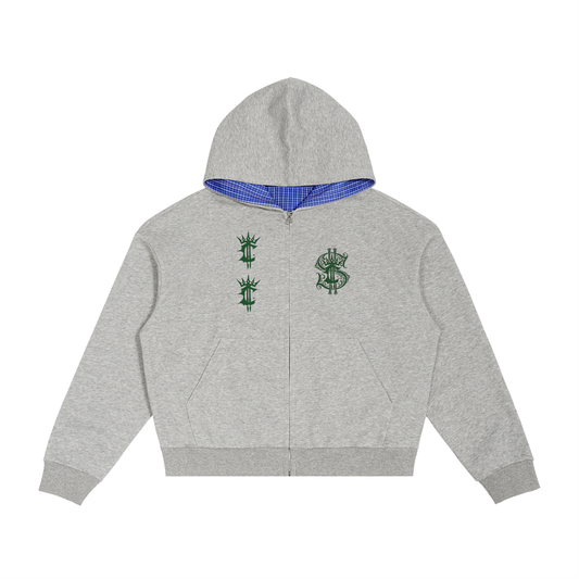 Contrast Plaid Boxy Zip Hoodie