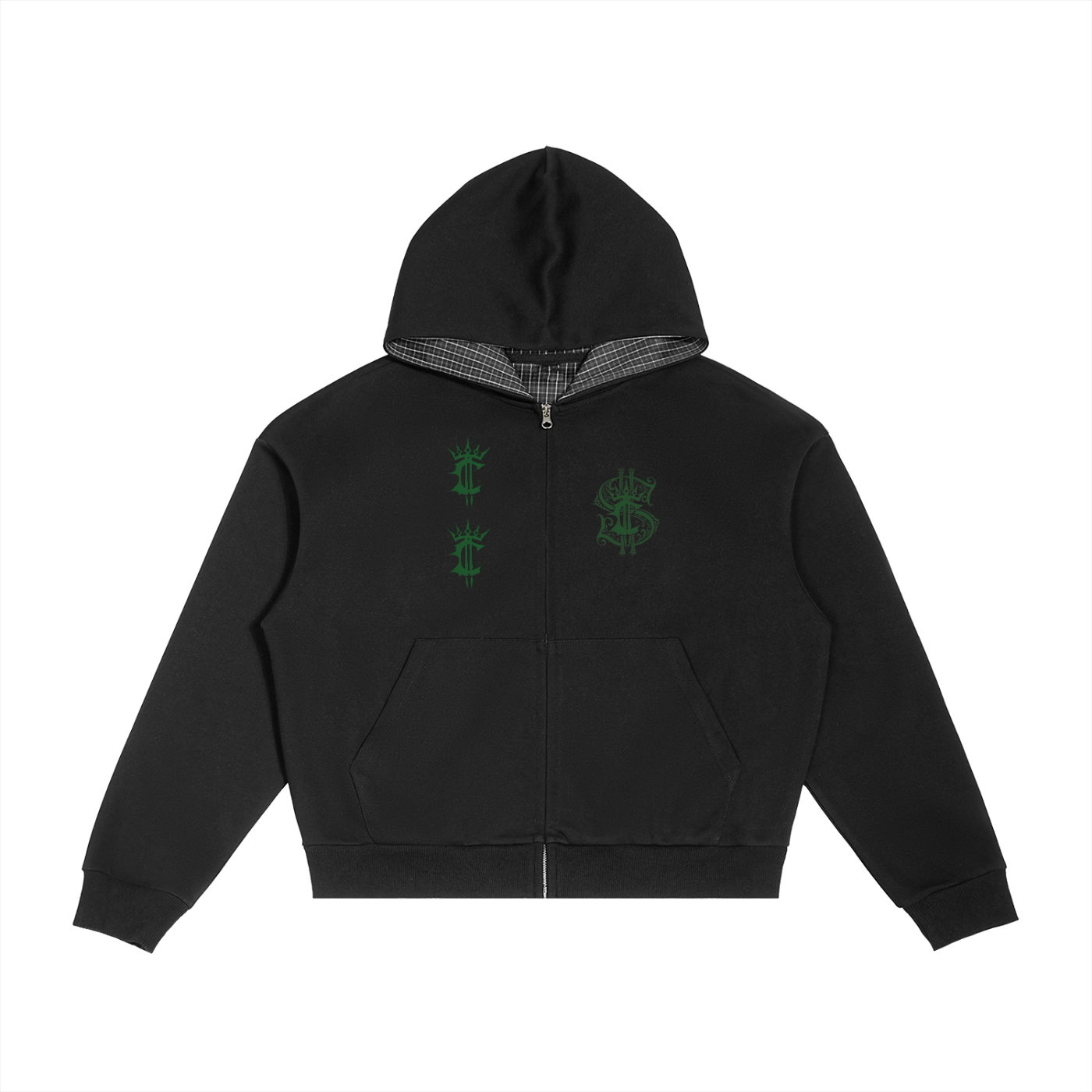 Contrast Plaid Boxy Zip Hoodie